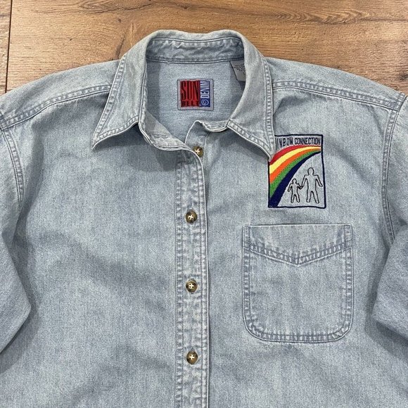 Vintage Sun Belt Denim‎ Shirt Womens Large Embroidered Rainbow Connection Button - Picture 2 of 14
